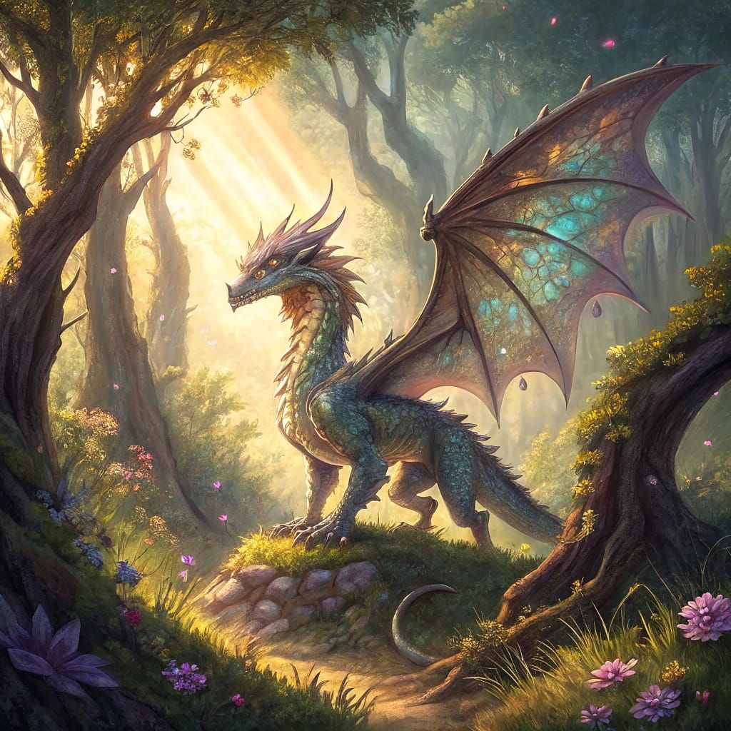 Majestic Fantasy Dragon in Enchanted Forest with Golden Sunl...