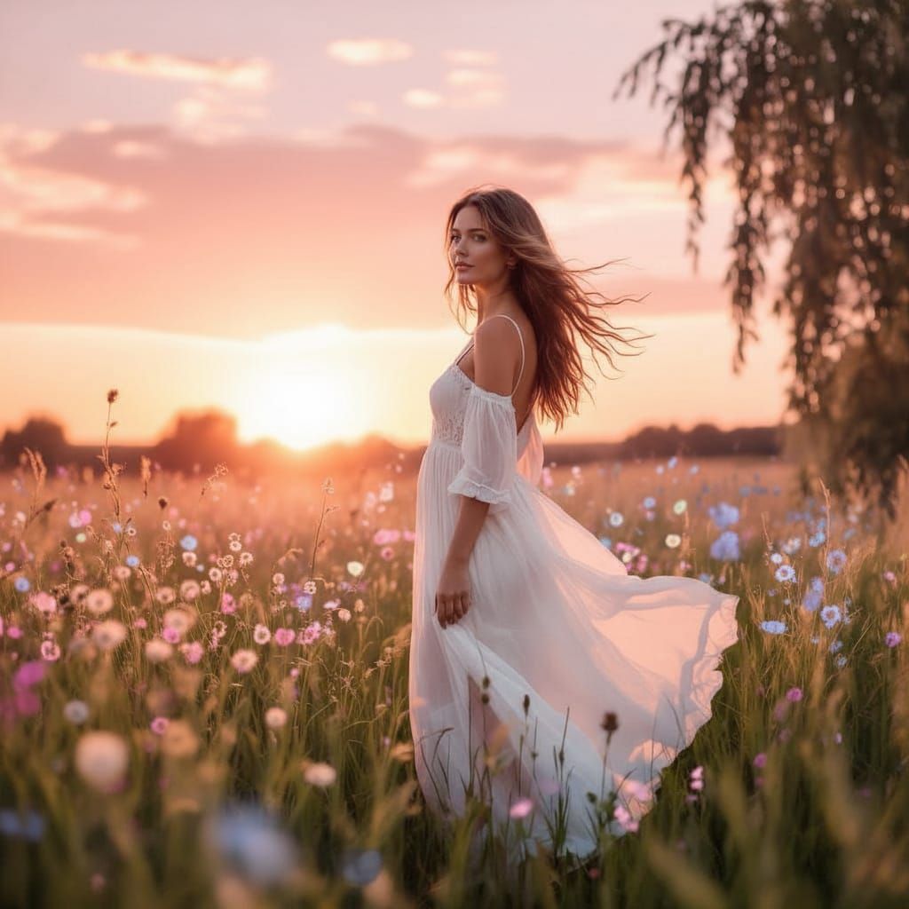Pastel Sunset Over Wildflower Meadow with Woman