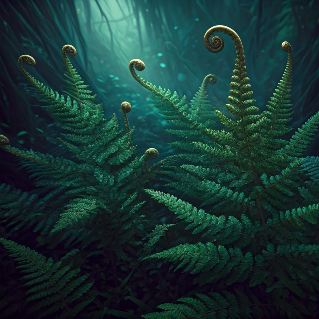 Mystical Barnsley Ferns in a Dreamlike, Emerald and Sapphire...