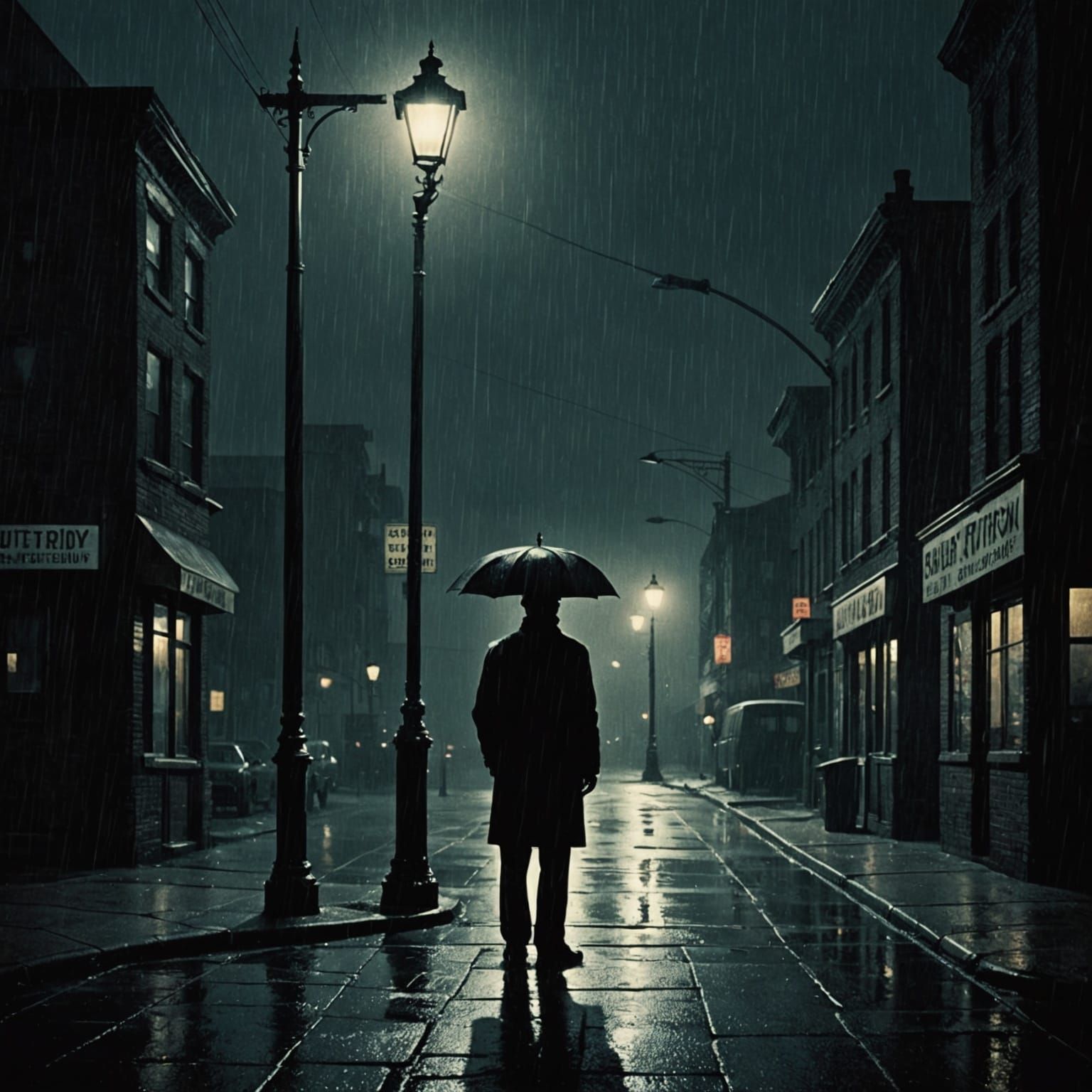 A lone figure standing under a flickering streetlight on a rainy night, vintage 1970s film style, cinematic lighting, de...