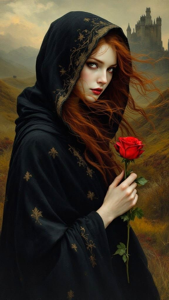Mysterious Woman in Black and Gold Cloak, Red Hair Blowing i...