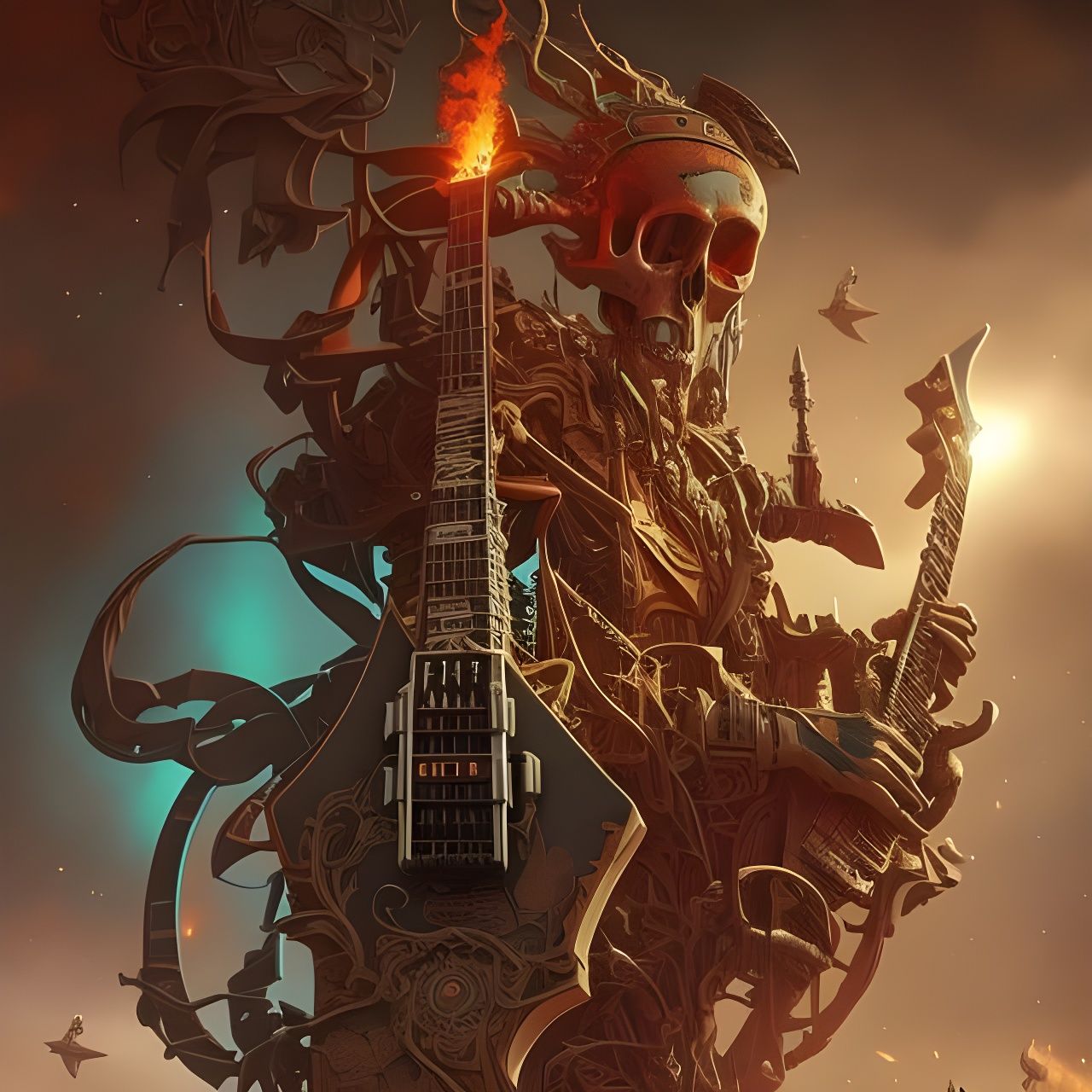 Skull Guitar: Breathtaking Gouache-Style Digital Art