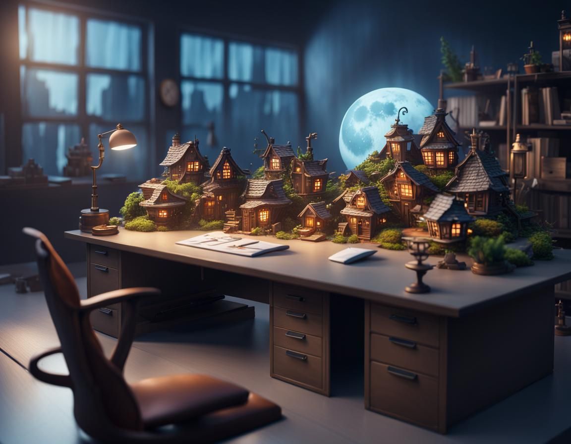 Intricate Fairy Village on Office Desk, Matte Painting