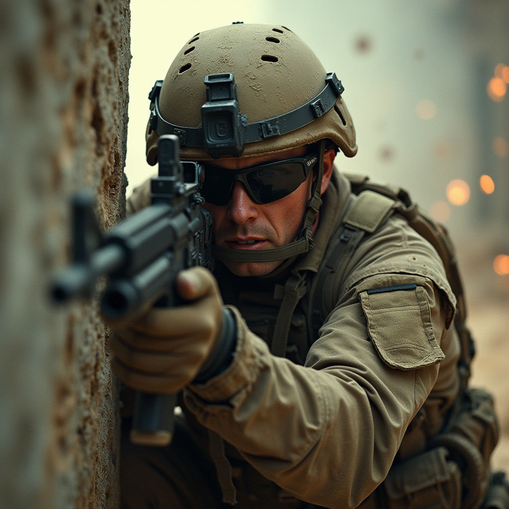 U.S. Soldier in Combat: Cinematic Film Still
