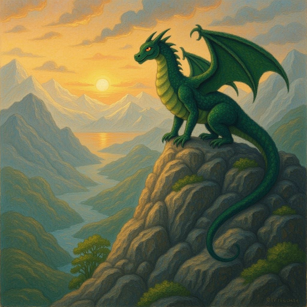Emerald Dragon on Snowy Peak at Dawn