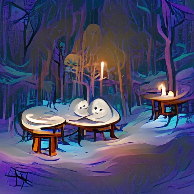 Ghosts Dine by Candlelight in Snowy Woods