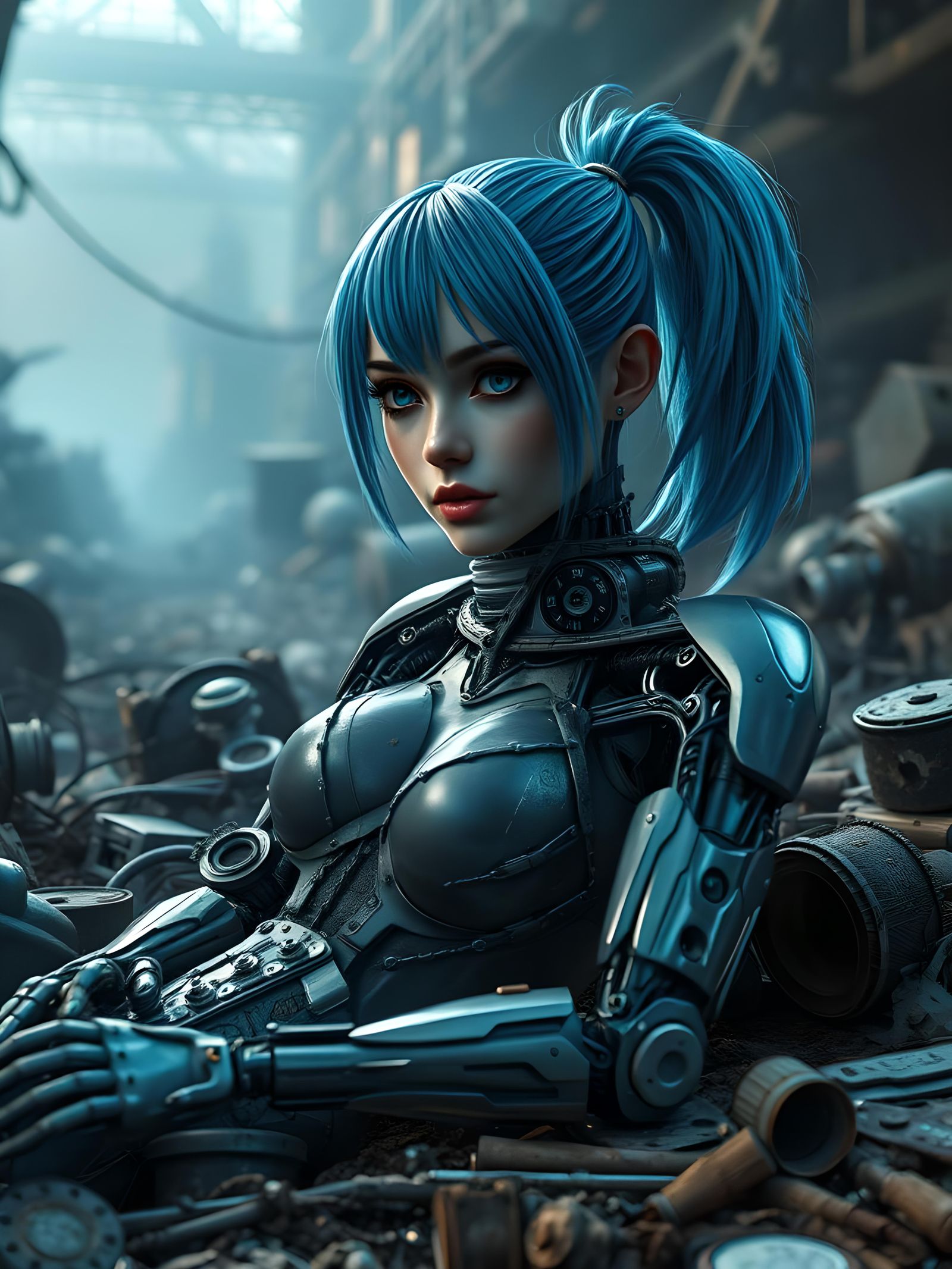 Broken Android on Cyberpunk Junkpile