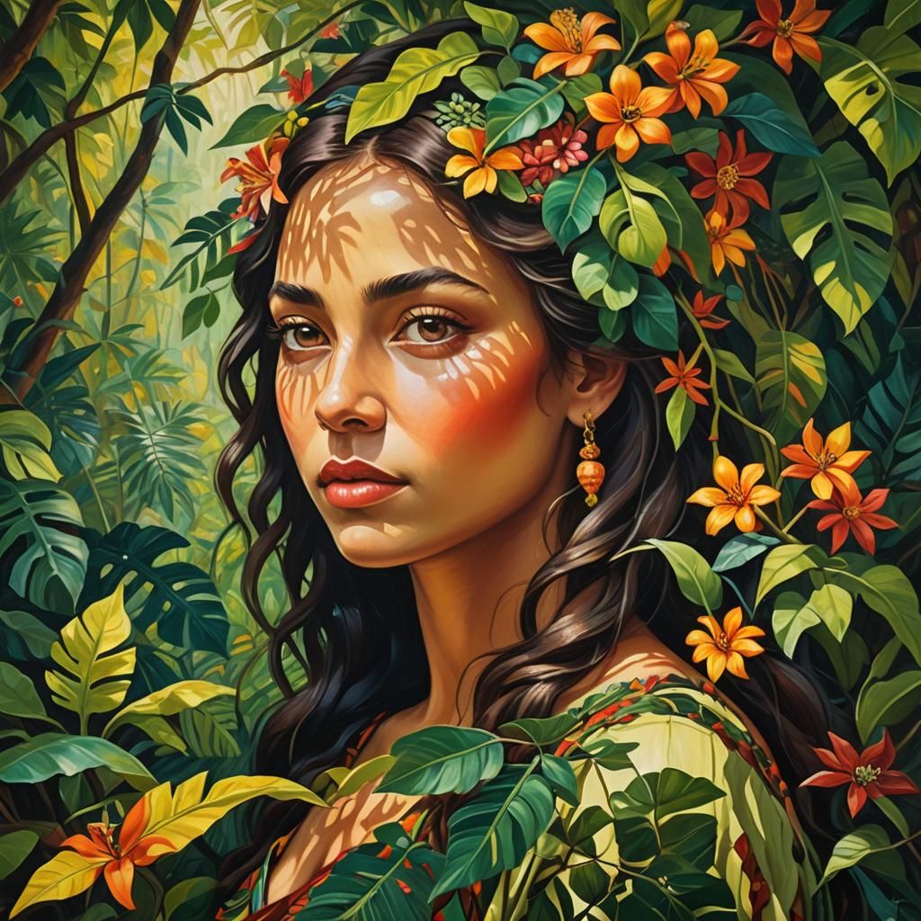 Jungle Girl in Rousseau-Inspired Oil Painting