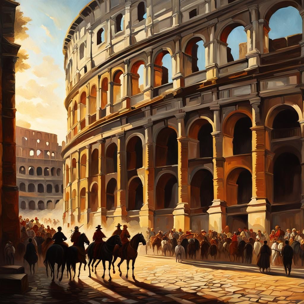 Baroque Painting of Roads to Rome in Golden Light