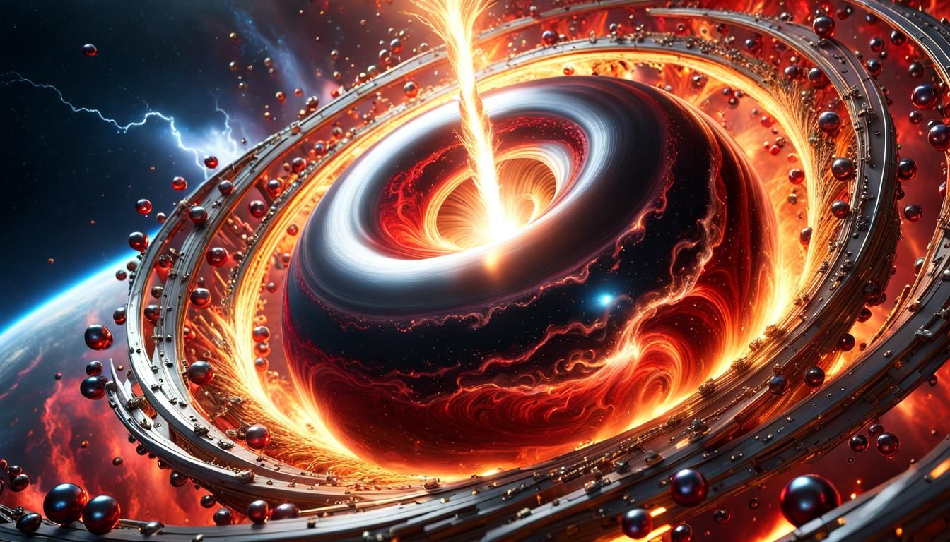 A galactic vortex with thousands of red, black, silver and gold pearls swirling around it, bright fire, lightning