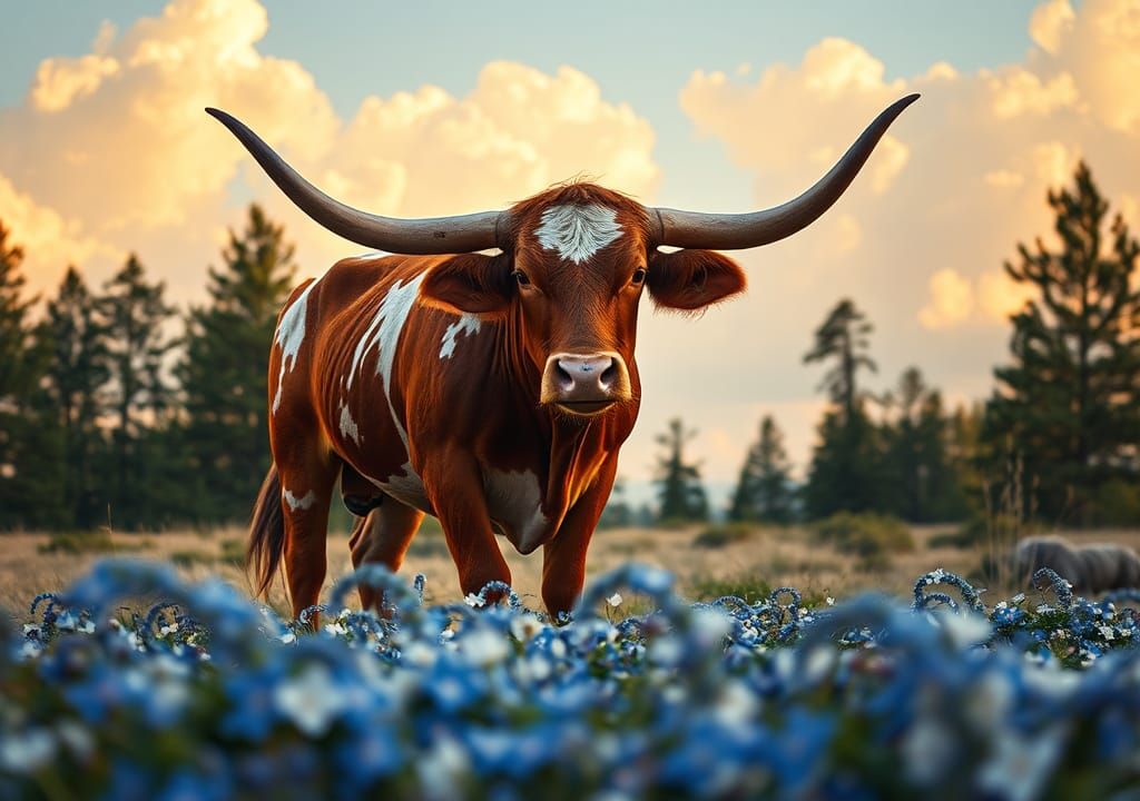 Longhorn Cow Dominates Wildflower Field in Cinematic Style