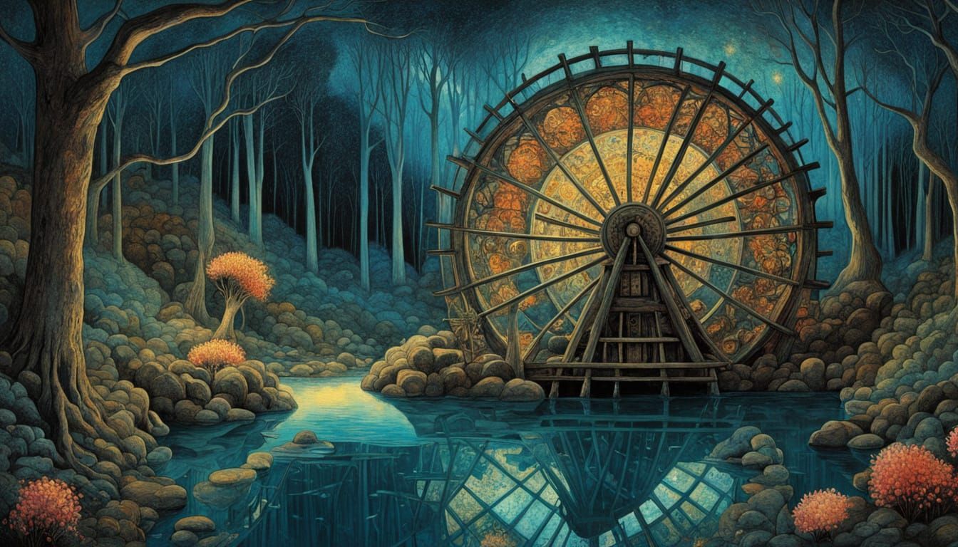 Surreal Bio Art Masterpiece: Waterwheel in Serene Nature