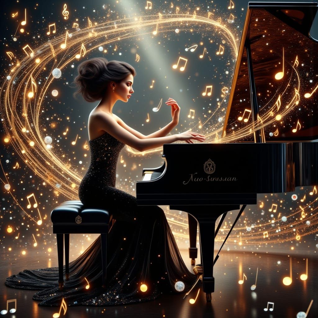 Woman Plays Crystal Piano Amidst Musical Notes