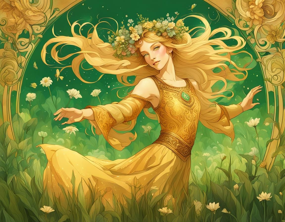 Golden Haired Goddess Above Field, Art Nouveau