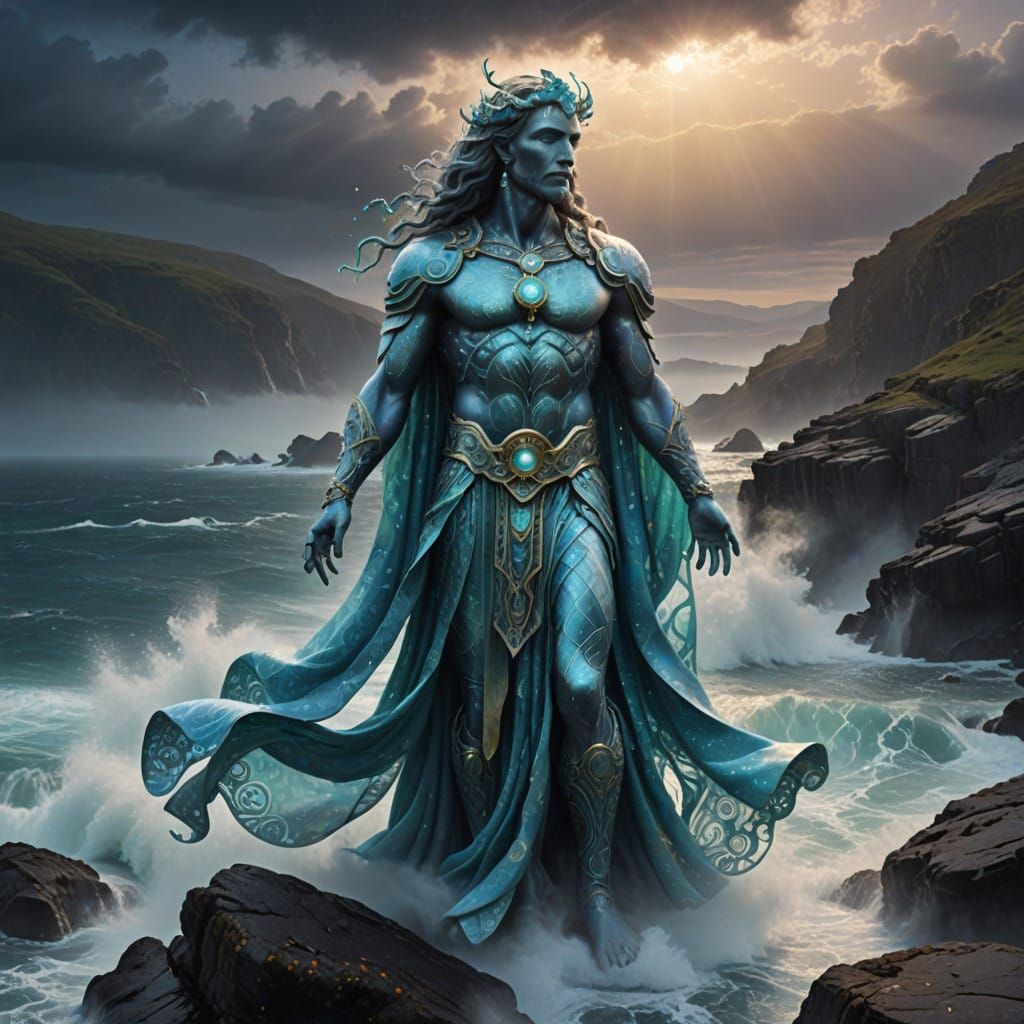 Aquarius Zodiac Mythical Creature in Ethereal Stormy Seascap...