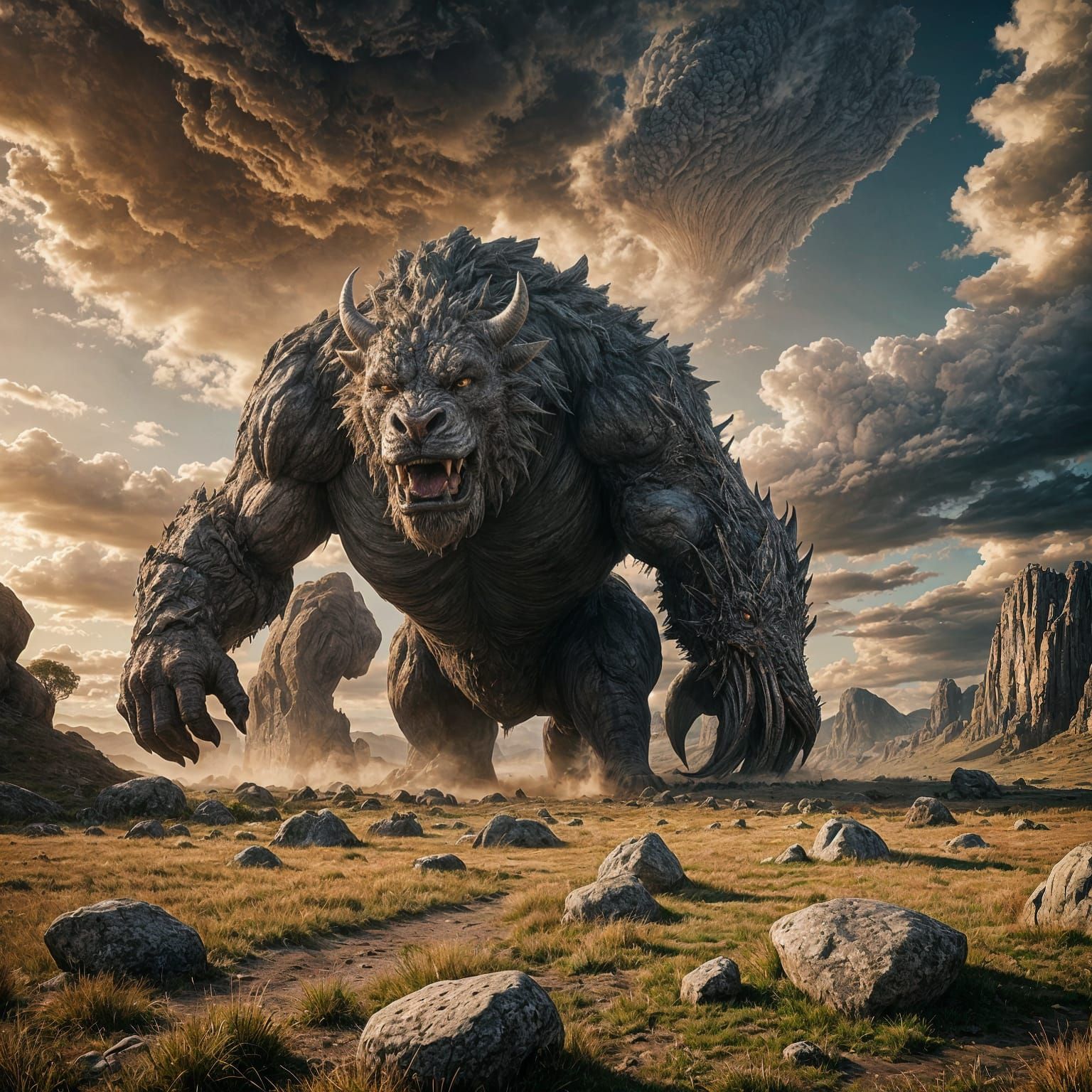 Epic Earth Beast Rises in Grassy Field