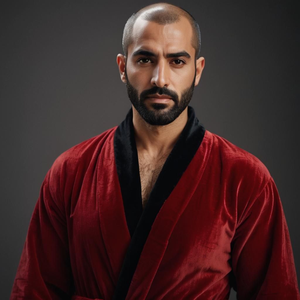 Pensive Arab Man in Velvet Robe: Photorealistic Portrait
