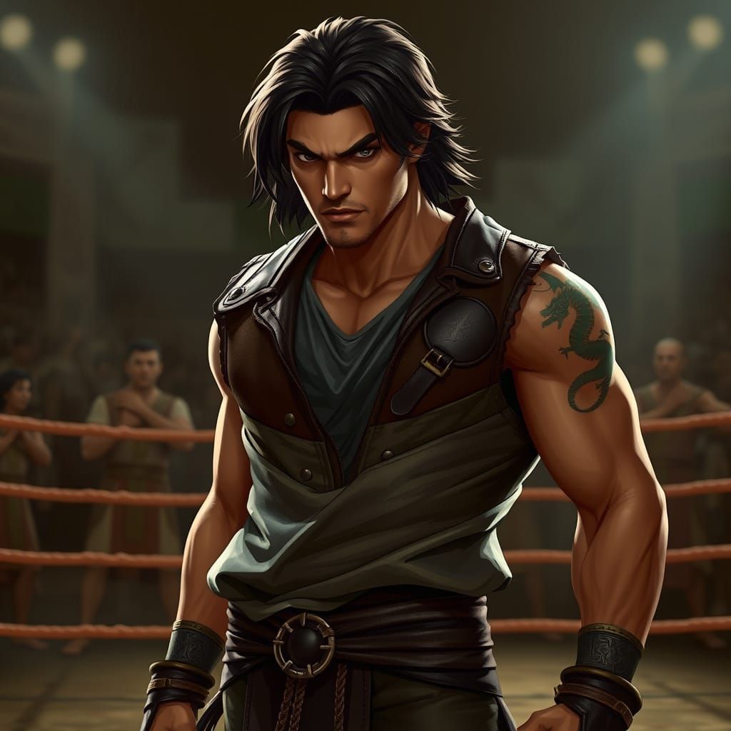 Muscled Egyptian Warrior with Dragon Tattoo in Fighting Pit