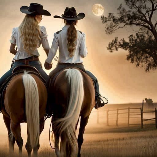 Cowgirls Riding Horses Holding Hands
