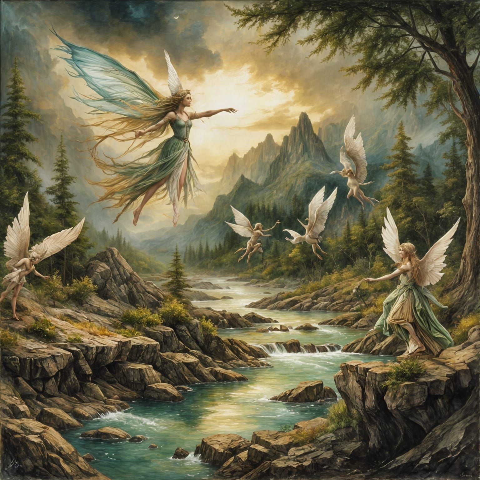 Enchanted Elves Soar Over a Serene River Landscape in Tradit...