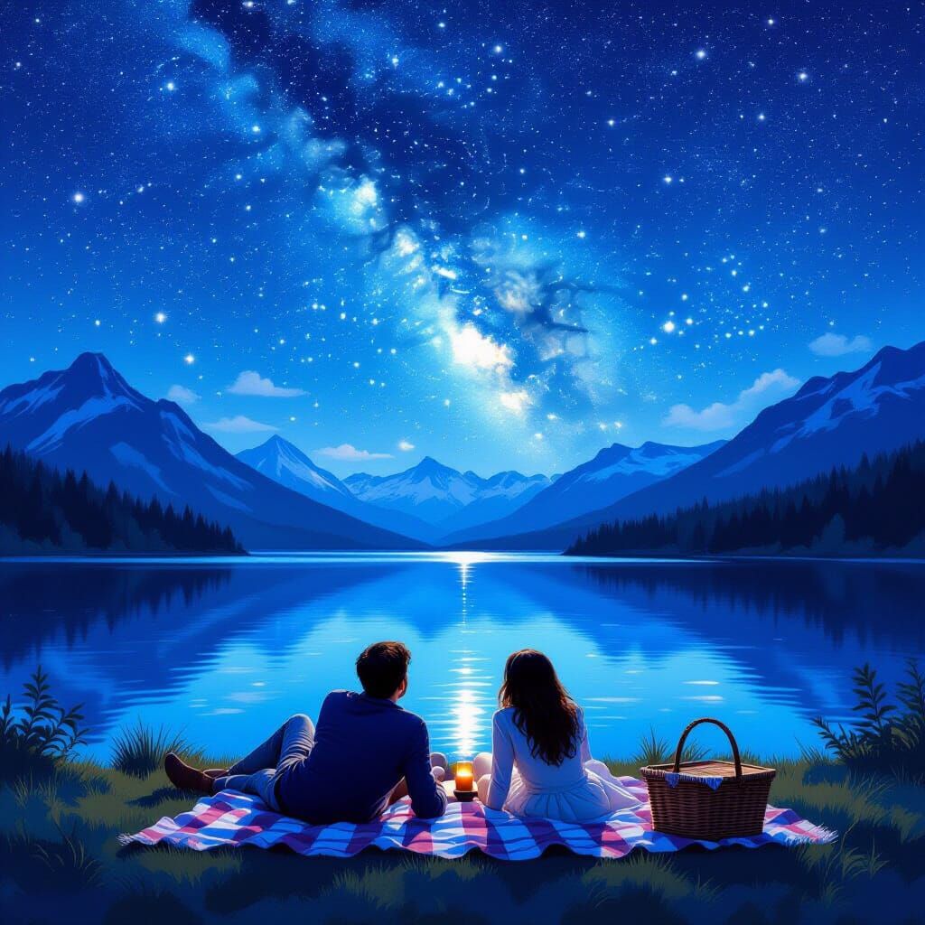 Couple Gazing at Starry Night Sky Over Reflecting Lake