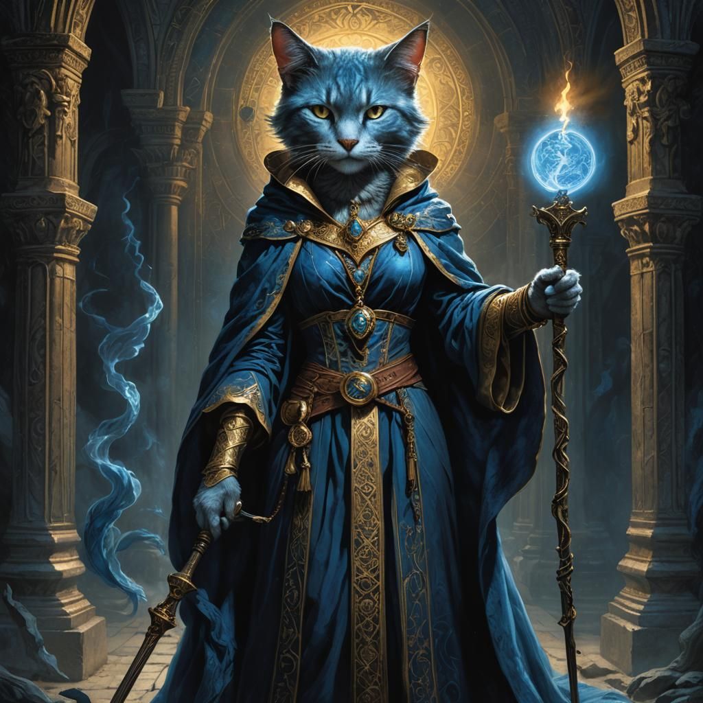 Elegant Blue Catfolk Sorceress in Dark Academia Style