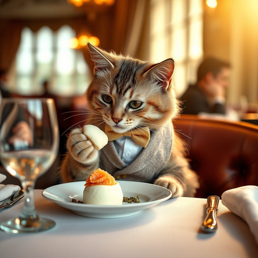 Refined Feline Diner in Luxurious Restaurant Setting