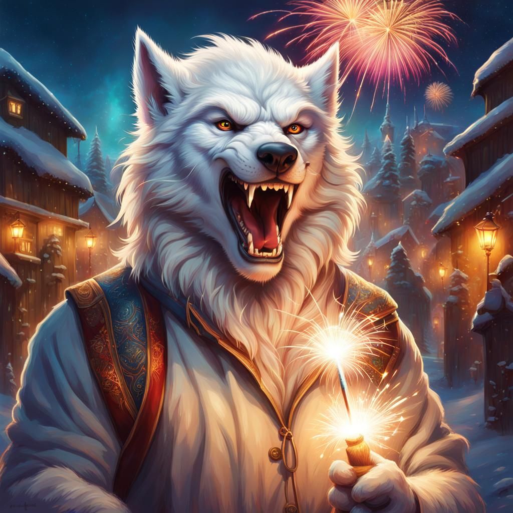New Year Celebration with White Werewolf: Hyperrealistic Spl...