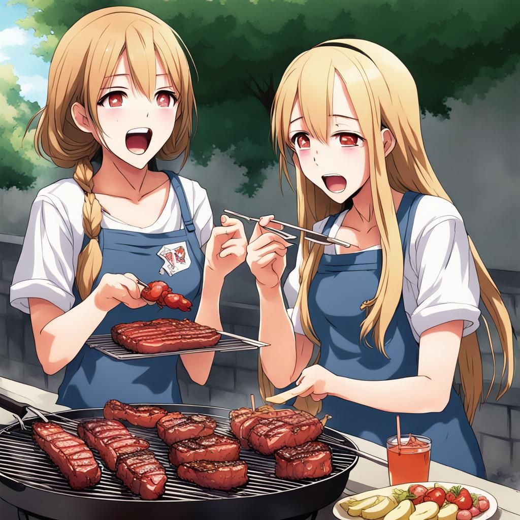 Anime Style BBQ Scene with Manga Girls
