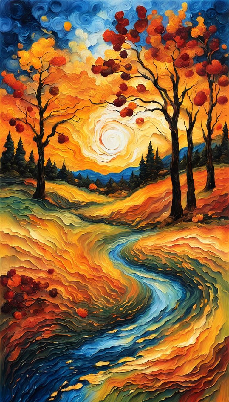Ohio Fall Sunset: Impressionist Landscape with Encaustic Tex...