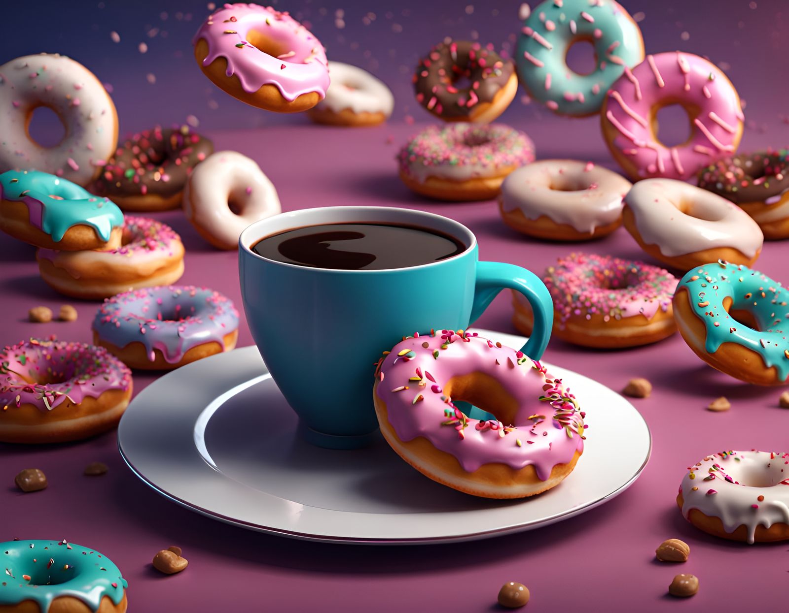 A cup of coffee and plate of Donuts