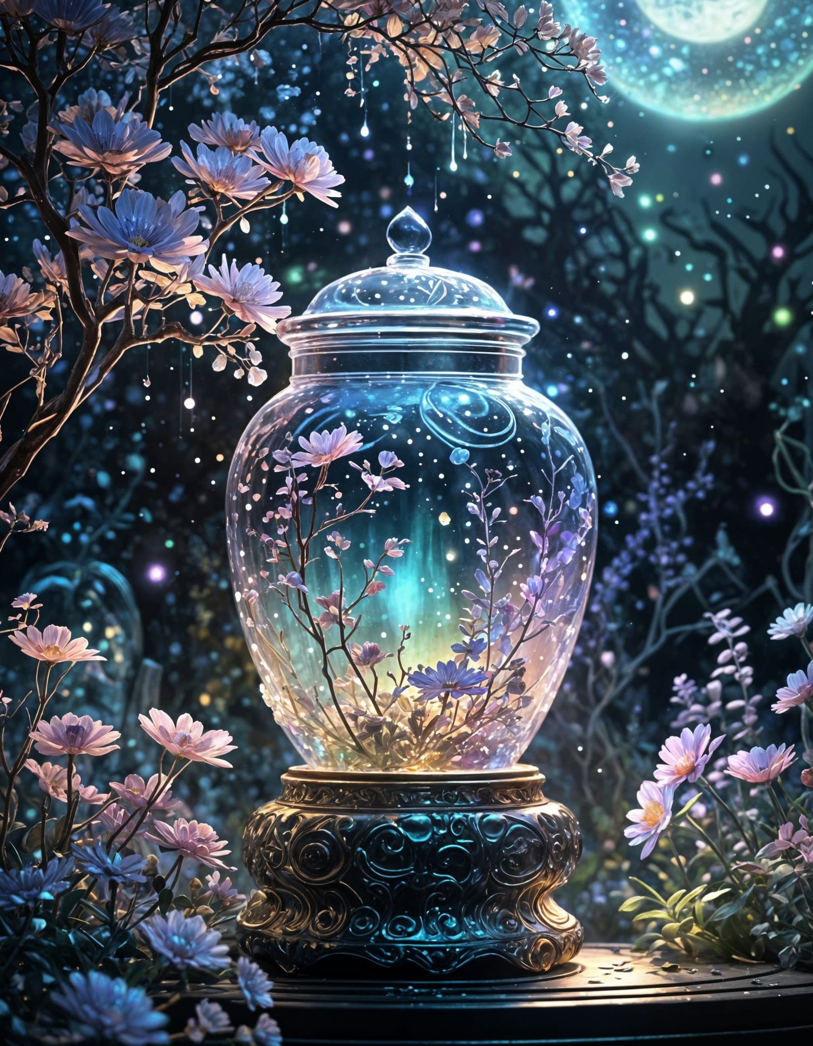 Iridescent Jar with Crystal Flowers: Anime Style