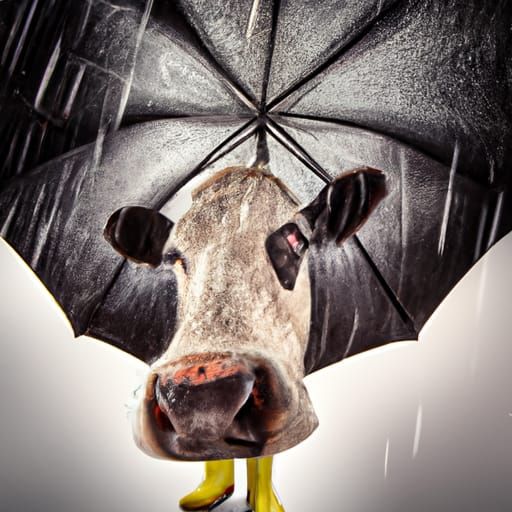 Cow in Rain with Umbrella: Detailed Portrait