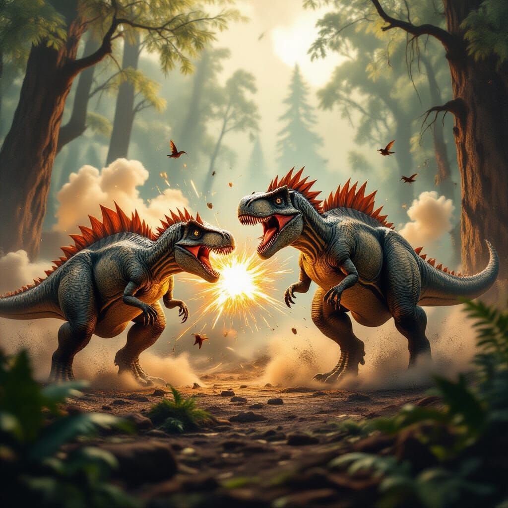 Hyper-Realistic Dinosaur Battle in Amber Haze
