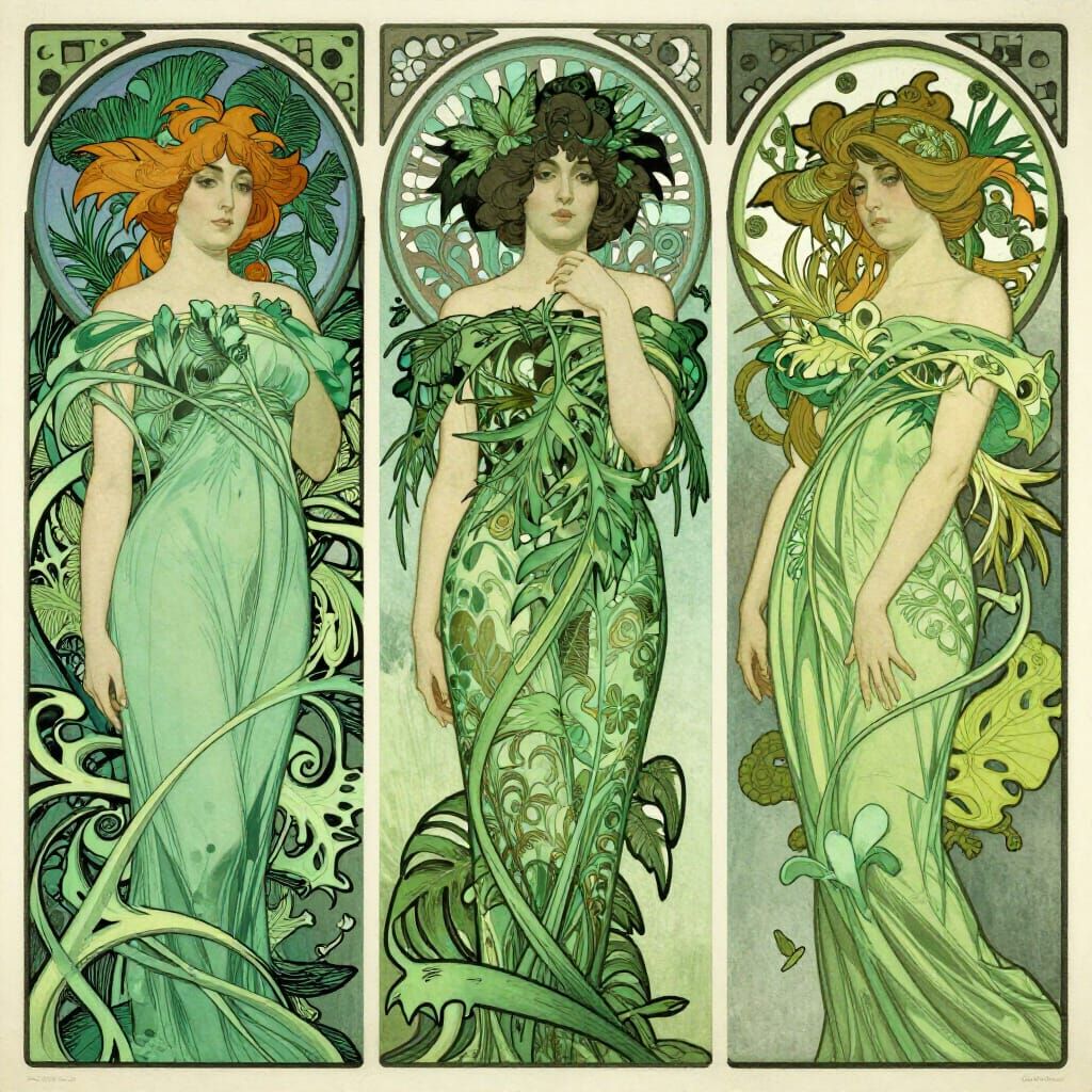 Art Nouveau Green Portraits Wrapped in Plants