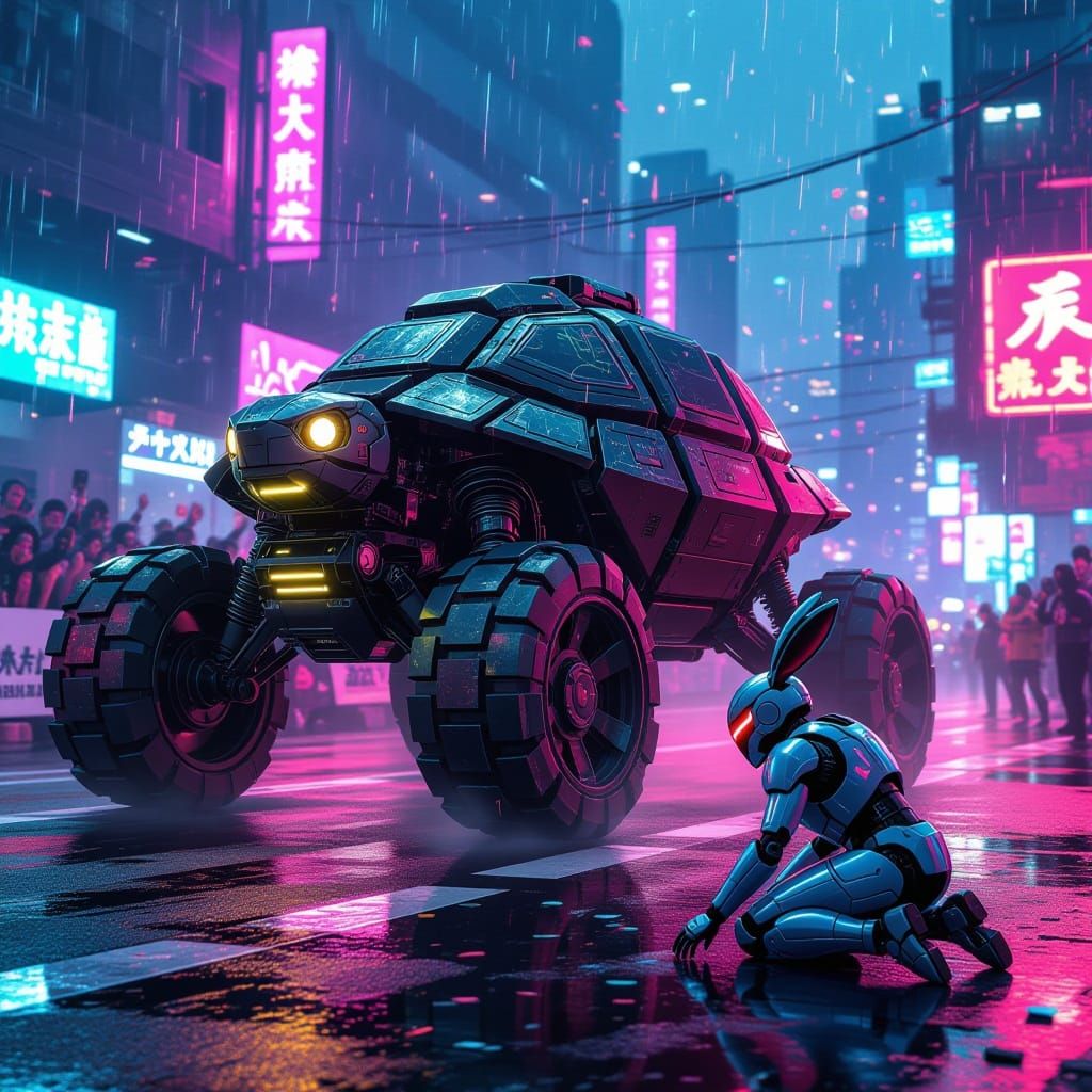 Mechanical Tortoise Victory in Cyberpunk Cityscape