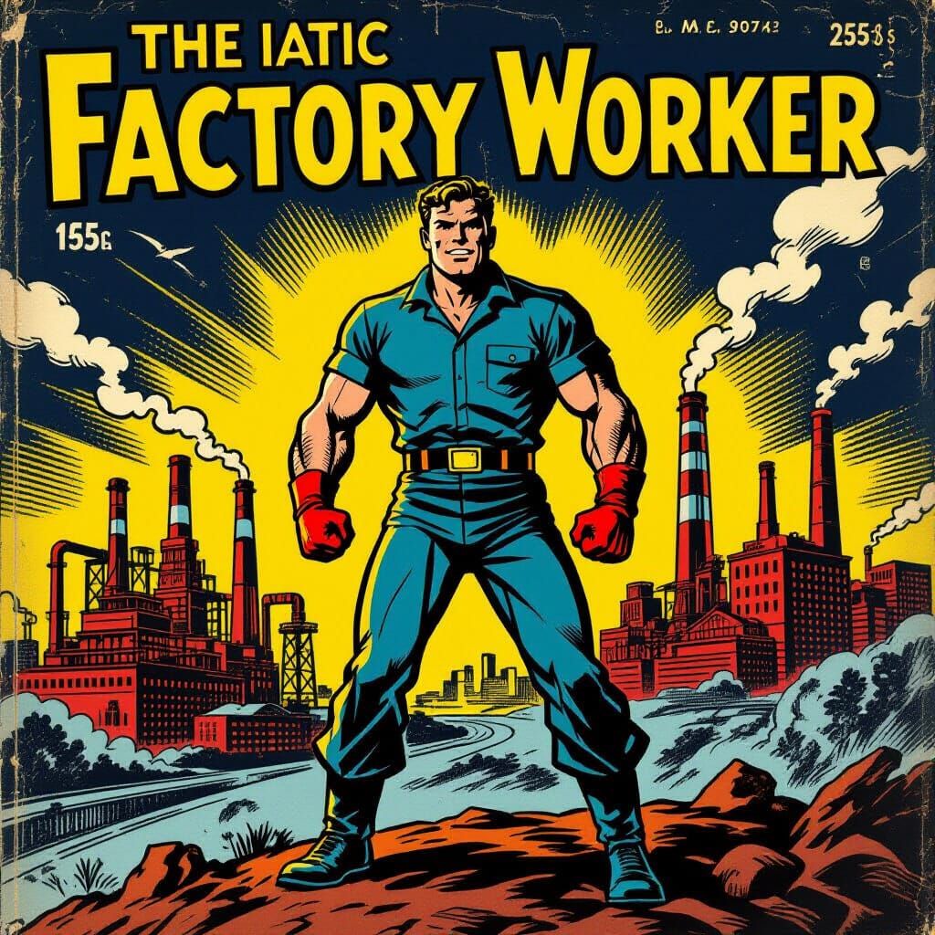 Heroic Factory Worker in 1950s Comic Art Style