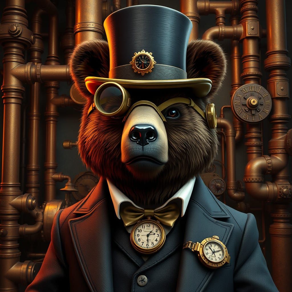 Steampunk Bear in Industrial Fantasy Landscape