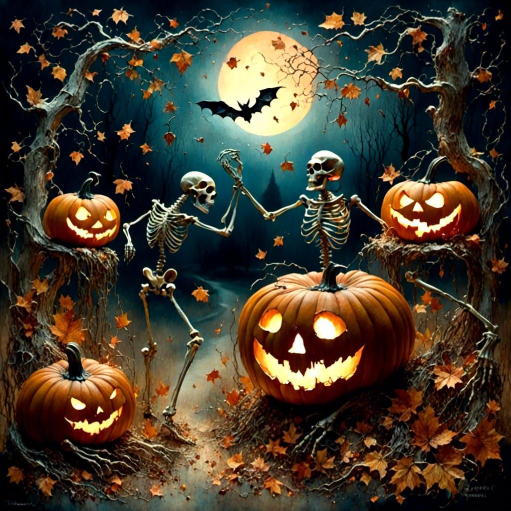 Dancing Skeletons in Surrealist Halloween Scene