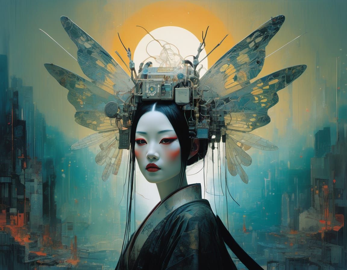 Stunning Android Geisha Fairy in a Futuristic Repairshop