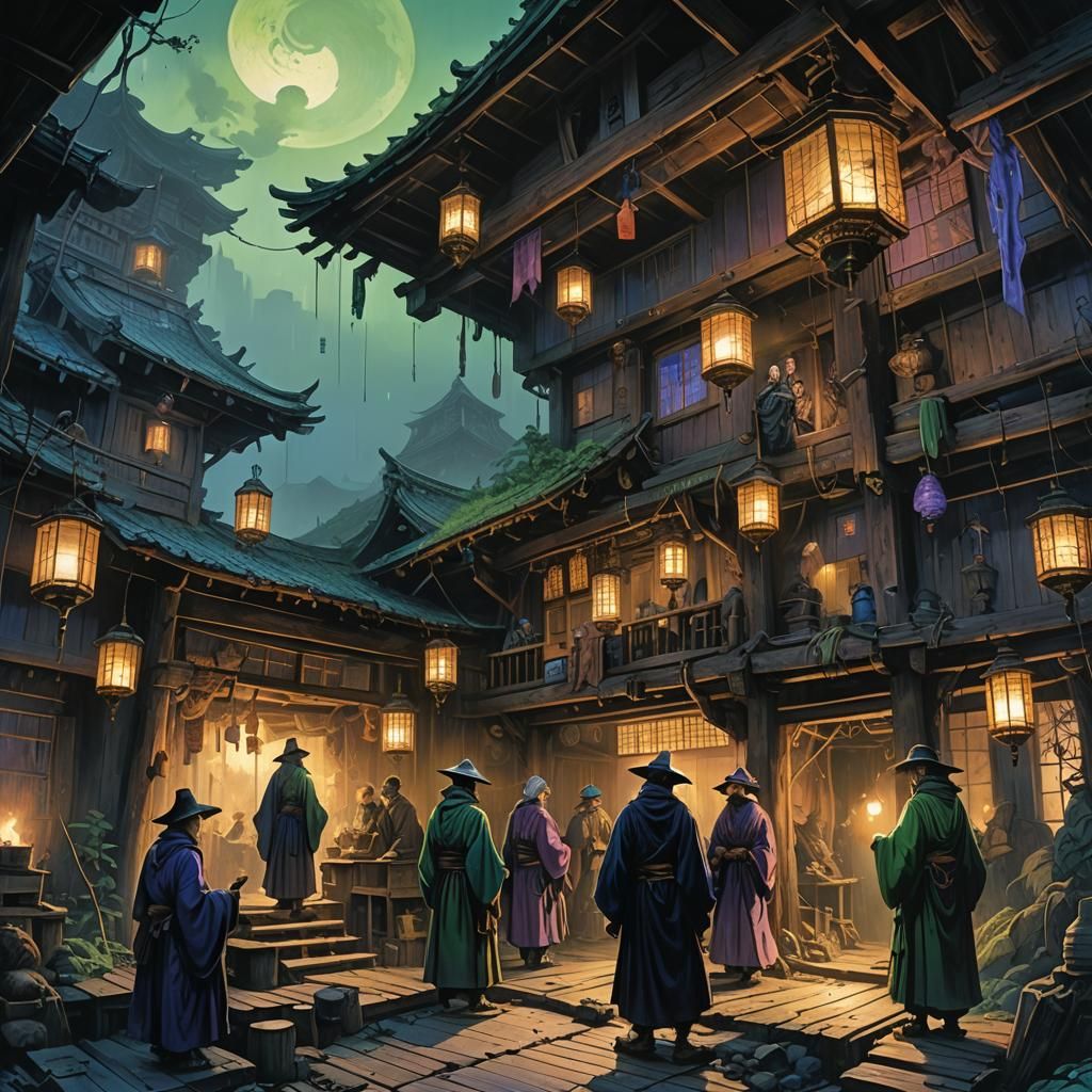 Mystical Gathering of Japanese Wizards: OIl Painting