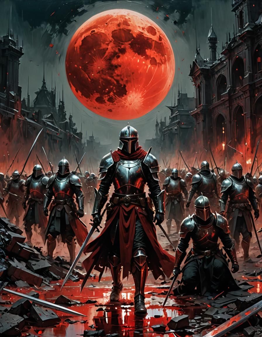 Spectral Knights' Battle Under Blood-Red Moon