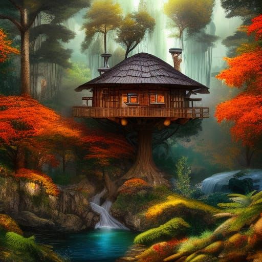 Cozy Treehouse Mansion in Colorful Autumn Forest