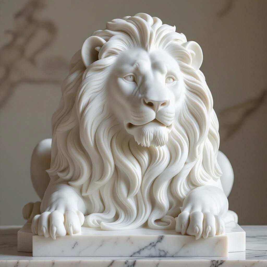 Art Nouveau Lion Sculpture in Carrara Marble