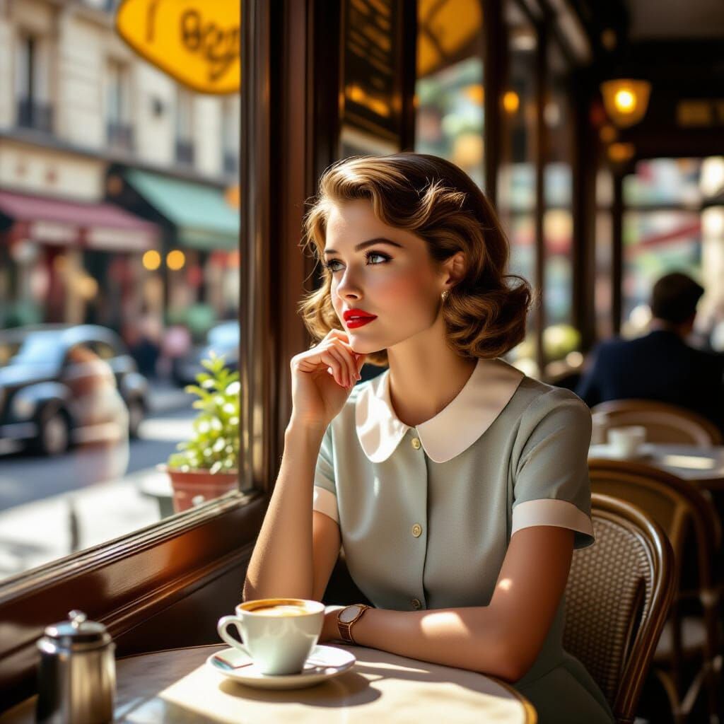 1950s Parisian Cafe Scene: Woman Gazing Out Window