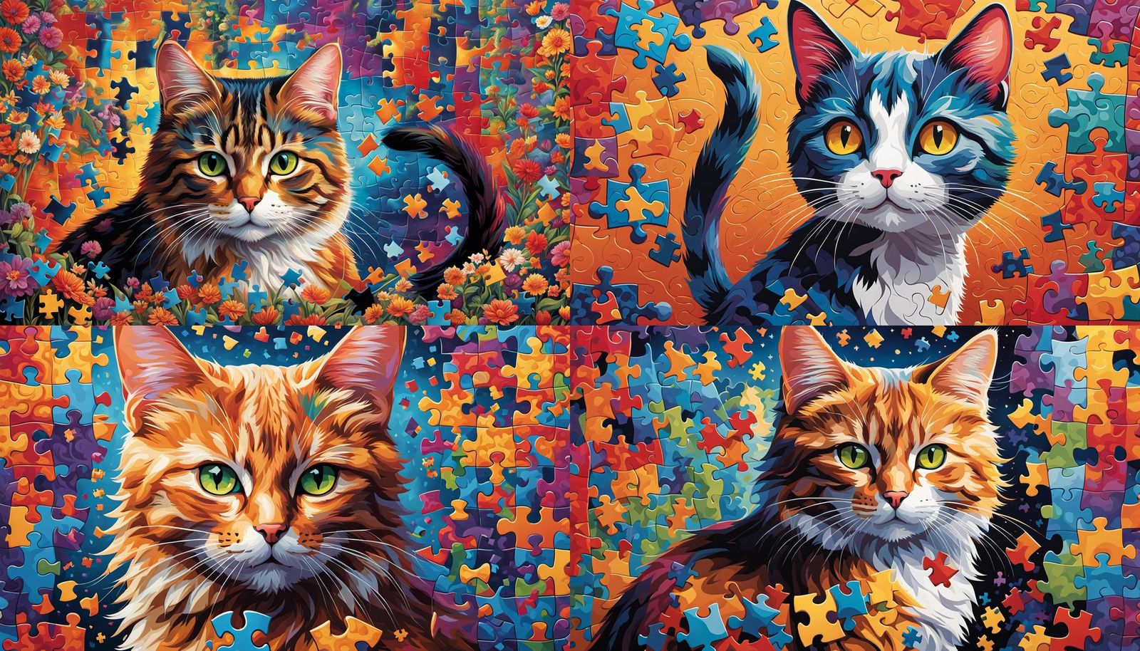 Cat Solving Puzzle Artwork in Square Shapes