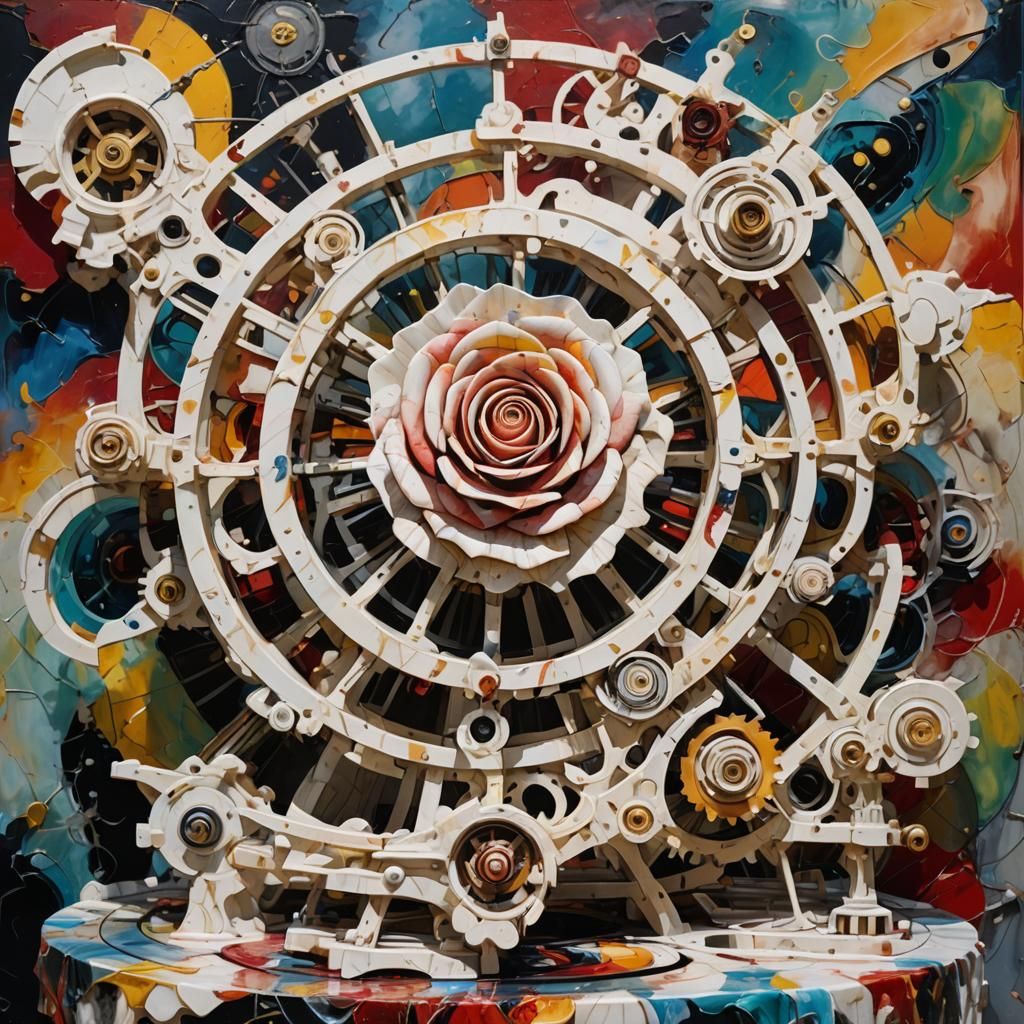 Mechanical Marble Rose Sculpture in Expressionist Style