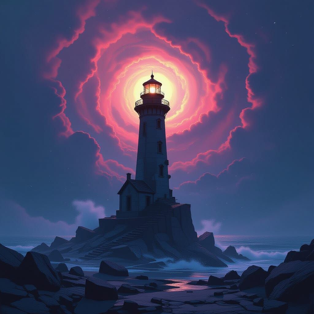 Shattered Lighthouse in Space with Nebula