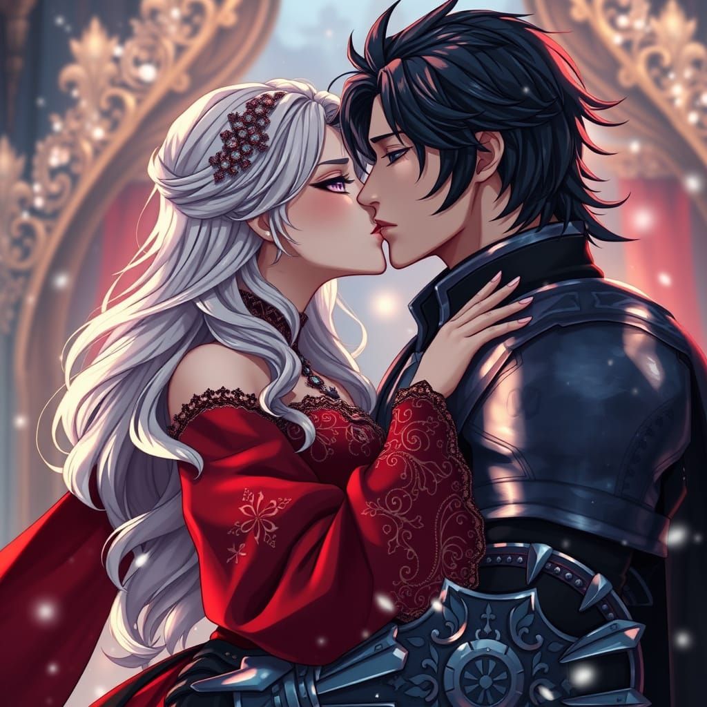 Silver-Haired Woman Kissing Knight in Anime Style
