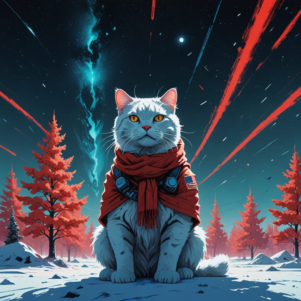 Astronaut and Cat in Cosmic Winter Landscape